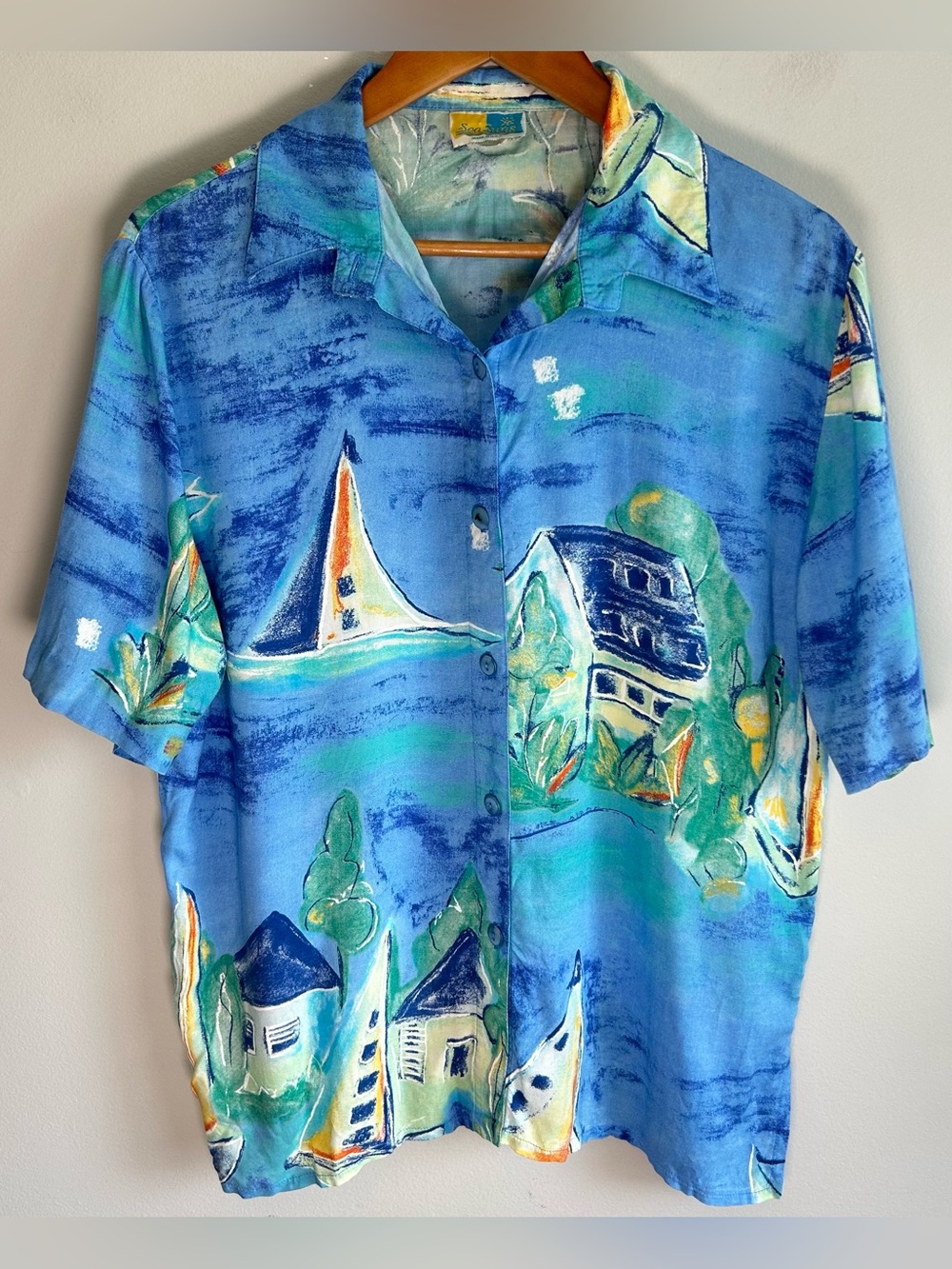 Vintage Sea Suns Button Up Shirt Men’s L Blue Tropical Sailboat Surf Hawaiian